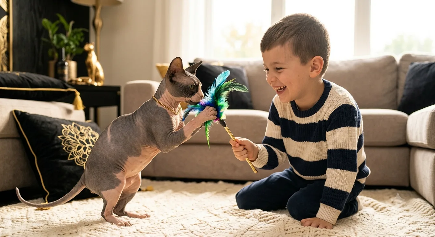 Family enjoying time with a Sphynx cat